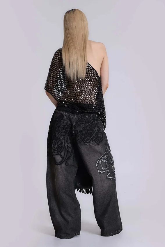 Schwarze XL Colossus Jeans mit erhabener Stickerei