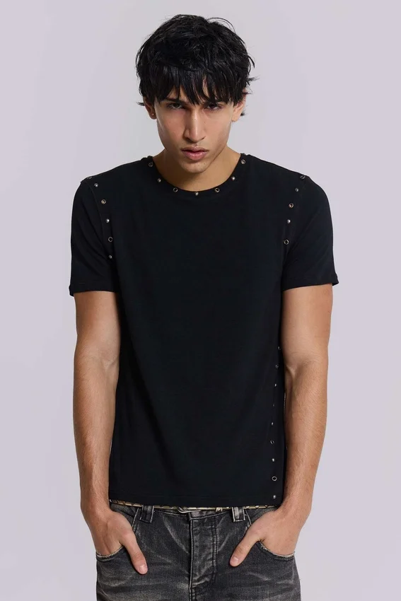 Schwarzes „Mist“-T-Shirt mit Nieten