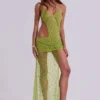 Stellar – Asymmetrisches, handperlbesticktes Maxikleid in Limette