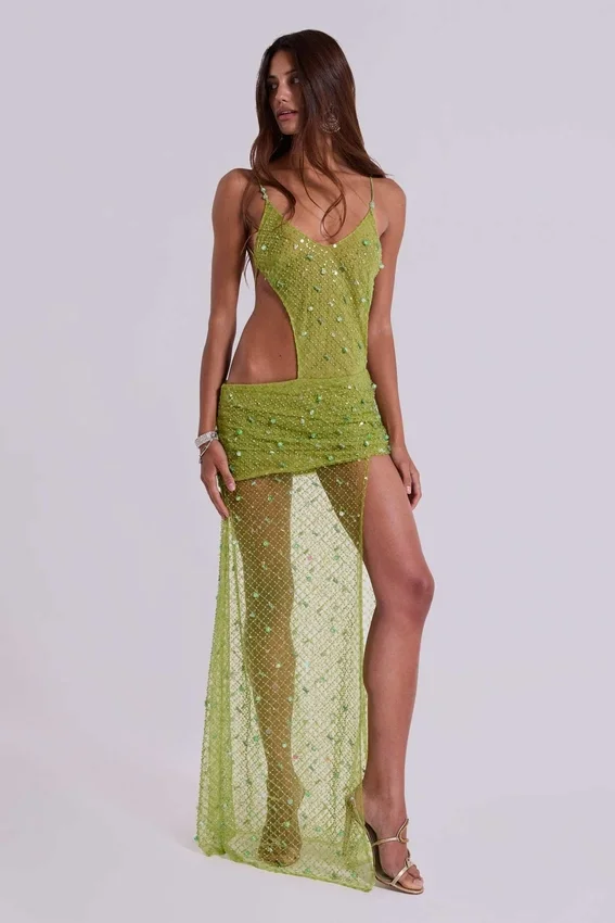 Stellar – Asymmetrisches, handperlbesticktes Maxikleid in Limette
