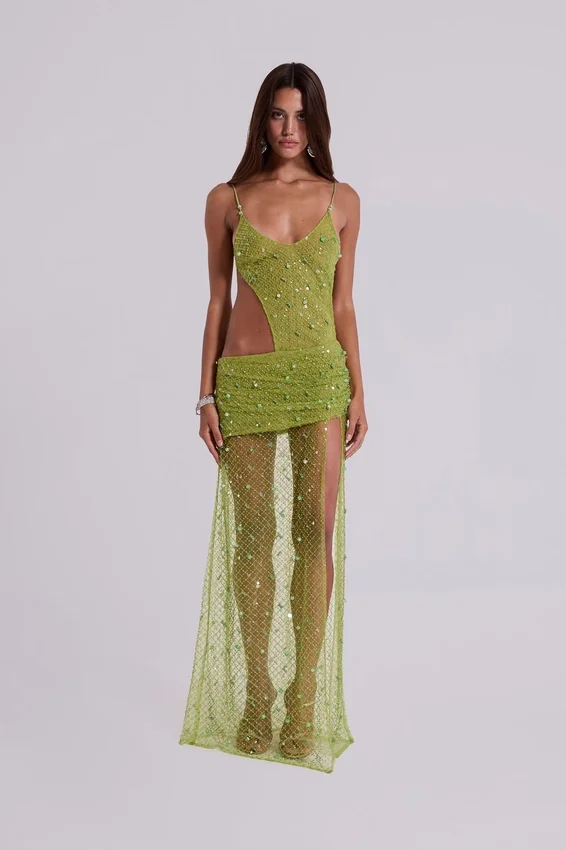 Stellar – Asymmetrisches, handperlbesticktes Maxikleid in Limette