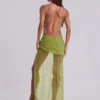Stellar – Asymmetrisches, handperlbesticktes Maxikleid in Limette