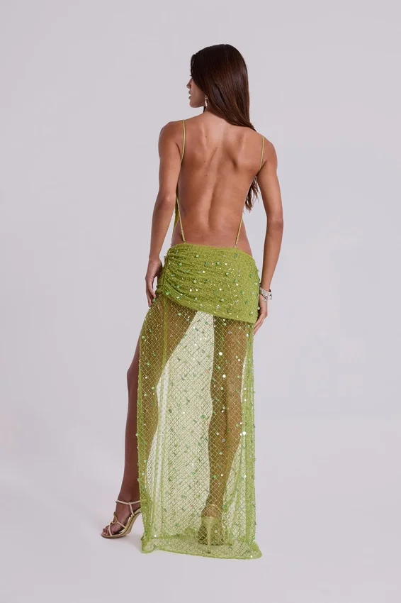 Stellar – Asymmetrisches, handperlbesticktes Maxikleid in Limette