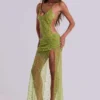 Stellar – Asymmetrisches, handperlbesticktes Maxikleid in Limette
