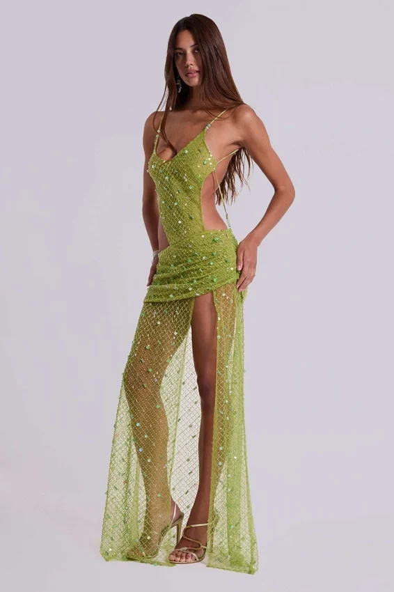Stellar – Asymmetrisches, handperlbesticktes Maxikleid in Limette