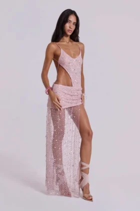Stellar asymmetrisches, handperlbesticktes Maxikleid in Pink