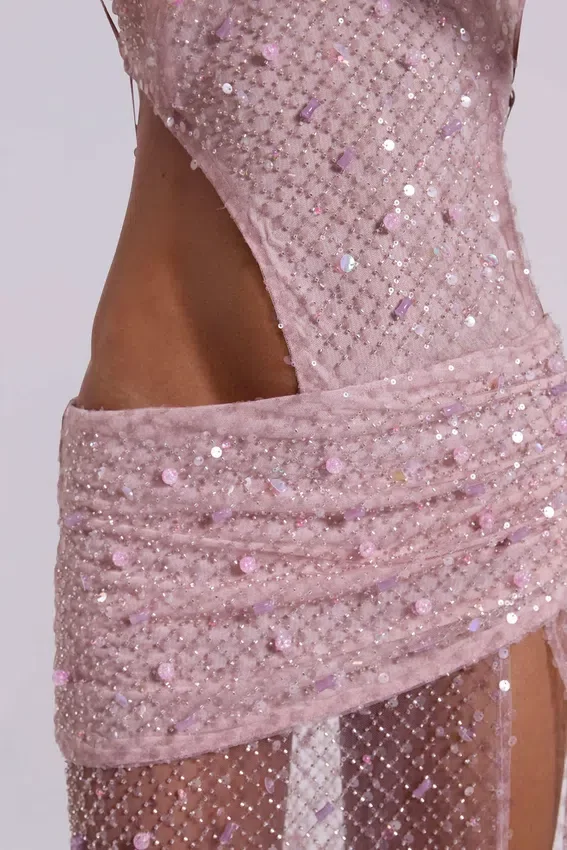 Stellar asymmetrisches, handperlbesticktes Maxikleid in Pink