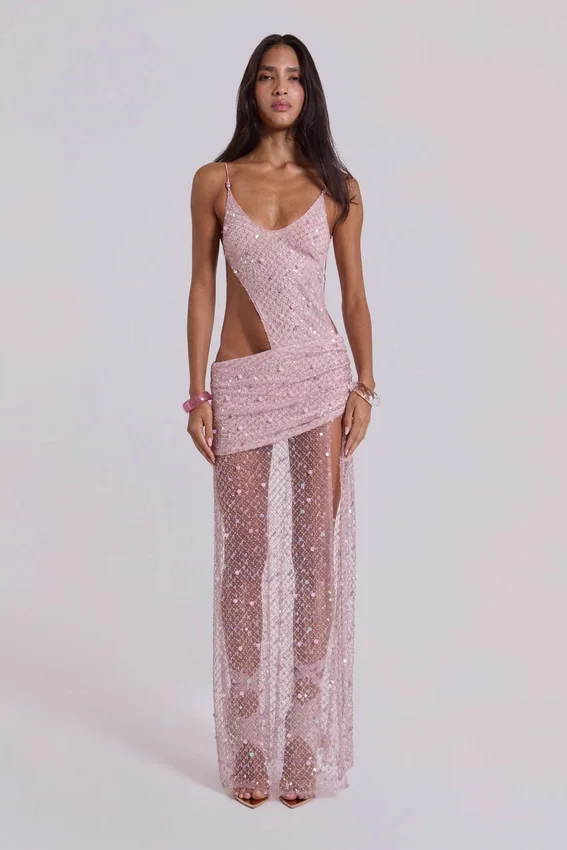 Stellar asymmetrisches, handperlbesticktes Maxikleid in Pink