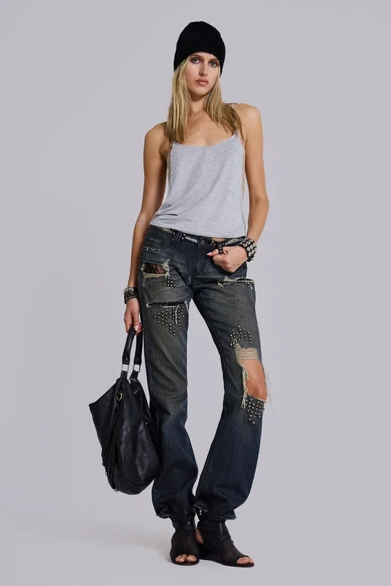 Tori-Jeans mit Low-Rise-Schnitt, Bootcut und Distressed-Effekt aus Spitze