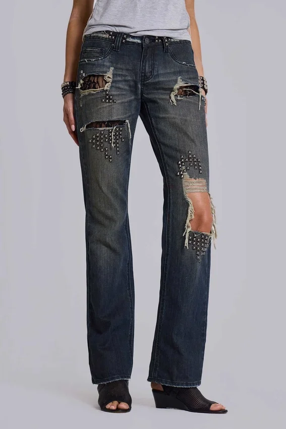 Tori-Jeans mit Low-Rise-Schnitt, Bootcut und Distressed-Effekt aus Spitze
