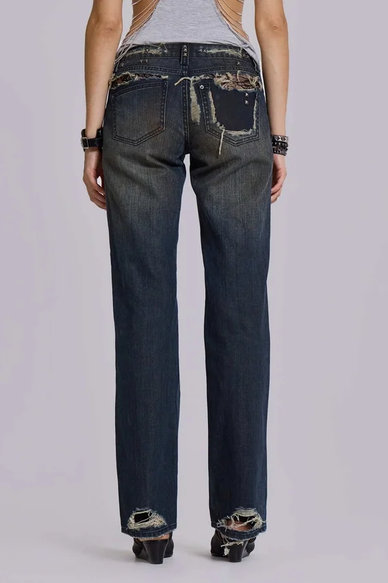 Tori-Jeans mit Low-Rise-Schnitt, Bootcut und Distressed-Effekt aus Spitze