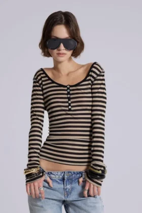 Transparentes Henley-Oberteil in „Stripe“