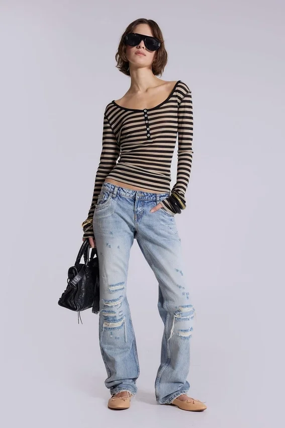 Transparentes Henley-Oberteil in „Stripe“