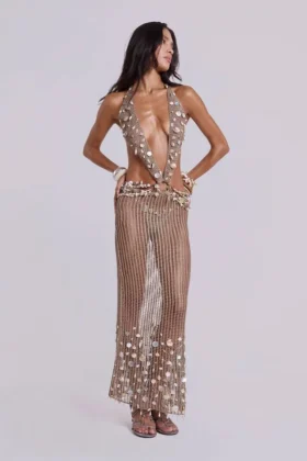 Vida – Rückenfreies Häkel-Maxikleid mit Muscheln
