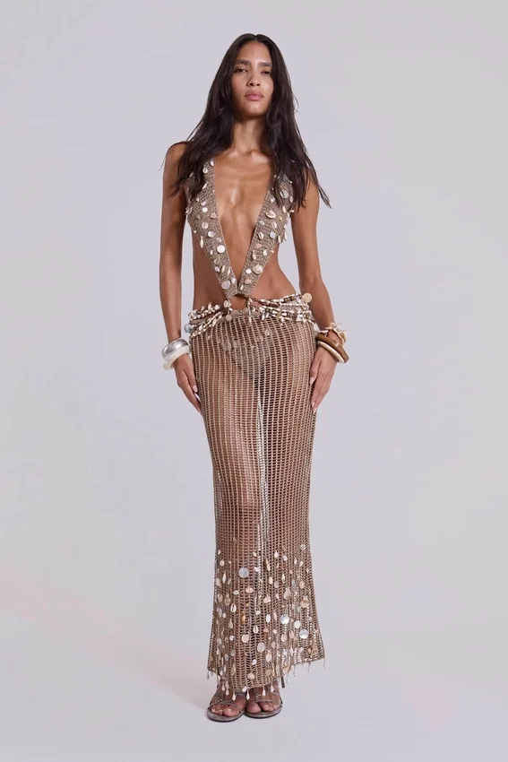 Vida – Rückenfreies Häkel-Maxikleid mit Muscheln