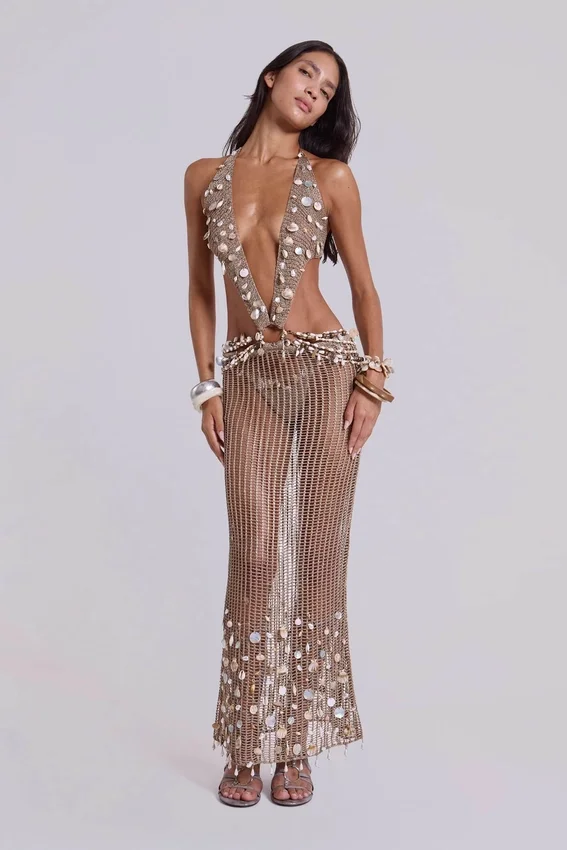 Vida – Rückenfreies Häkel-Maxikleid mit Muscheln