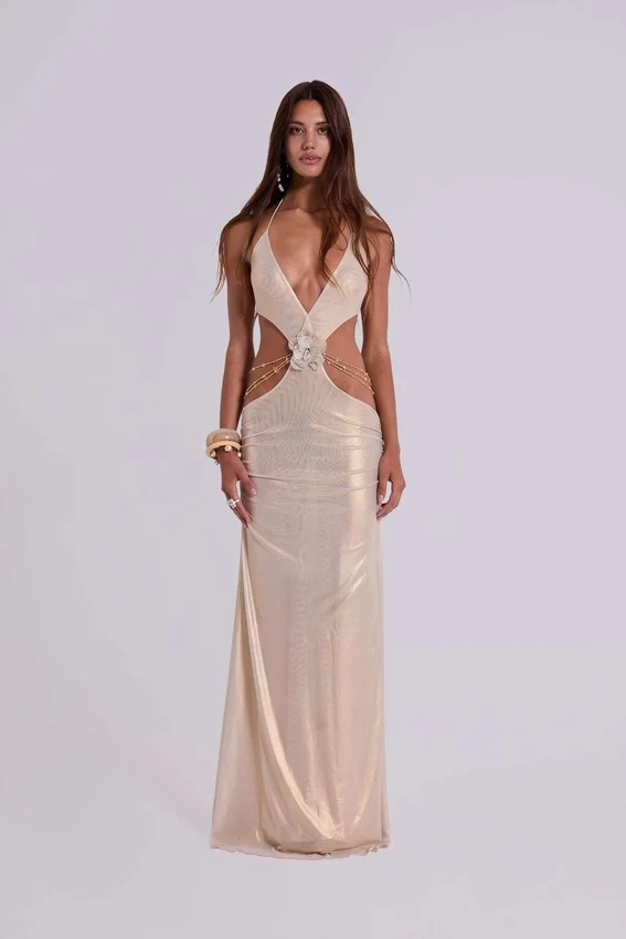 Vida rückenfreies Maxikleid in Gold