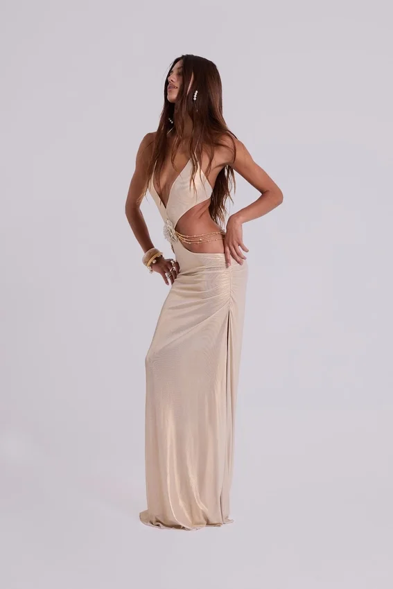 Vida rückenfreies Maxikleid in Gold