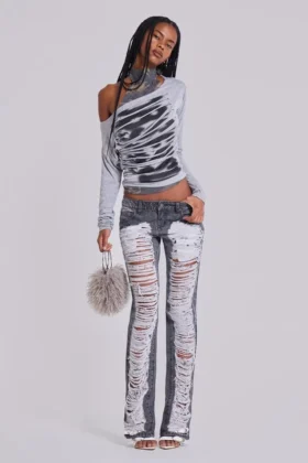 Zain Shredded Bootcut-Jeans in Grau