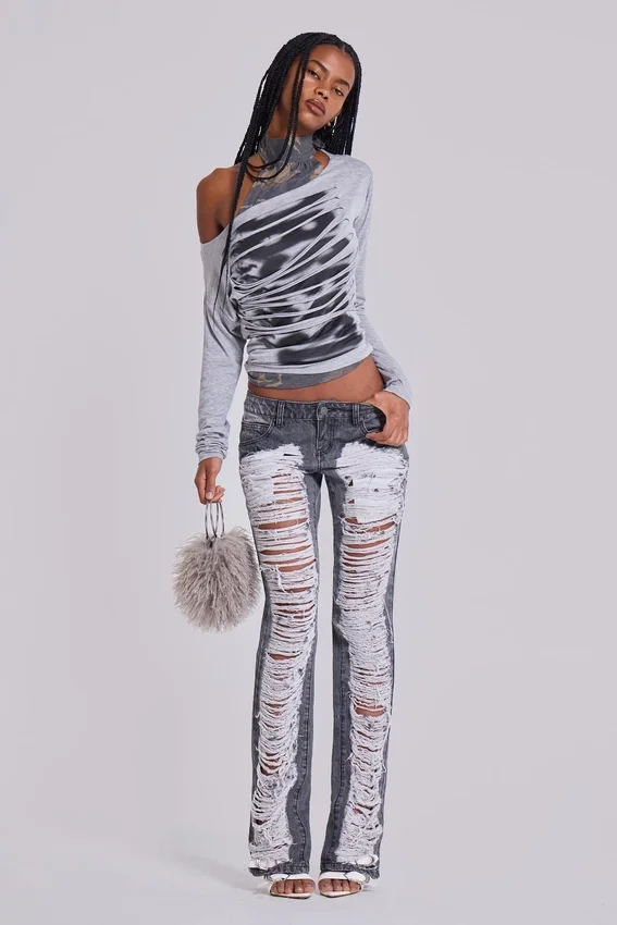 Zain Shredded Bootcut-Jeans in Grau